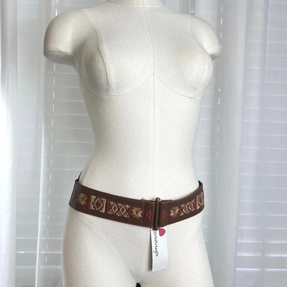 Women Brown Leather‎ Embroidered Elastic Waist Cinch Belt Southwestern Festival